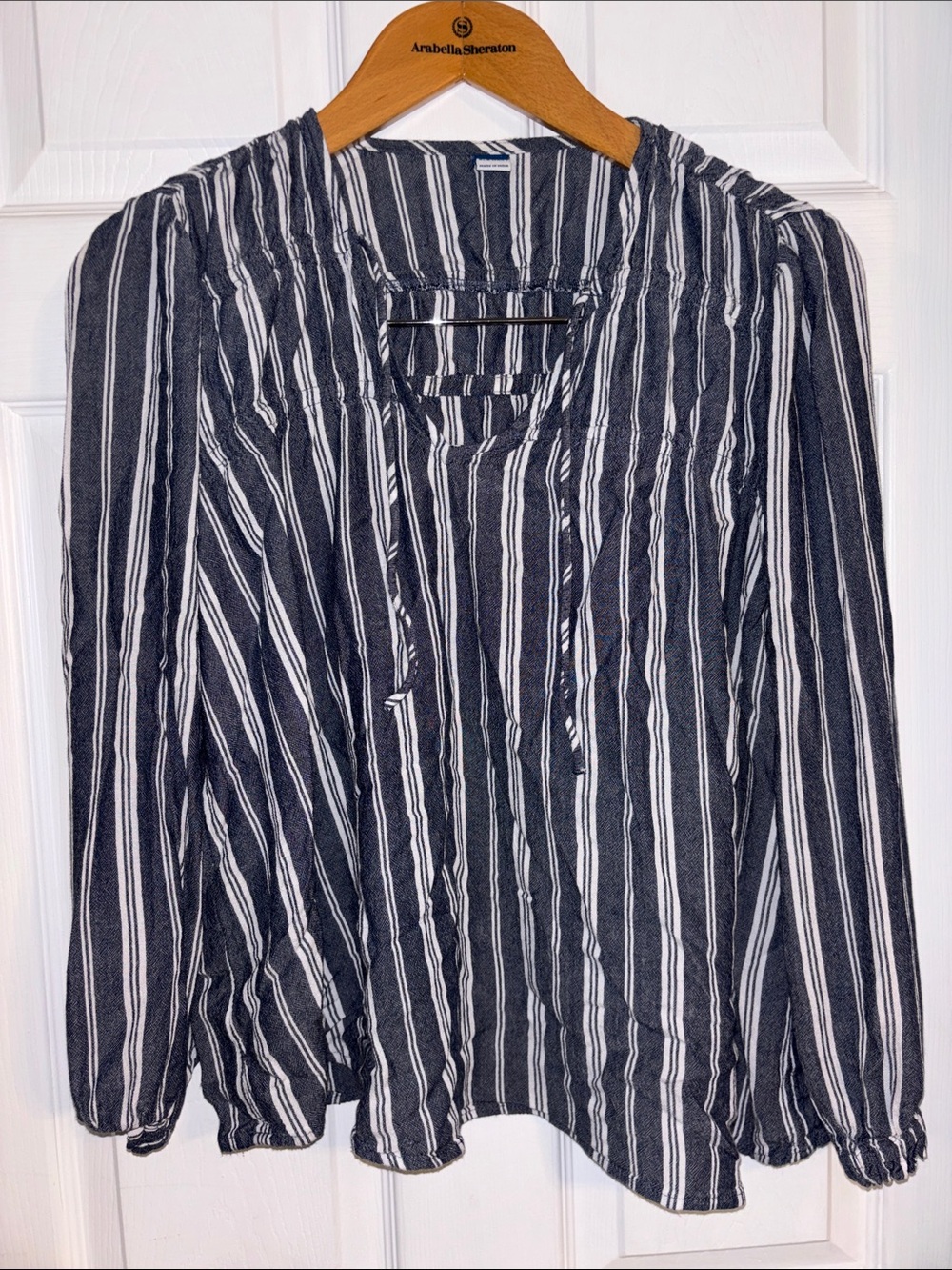 Old Navy Navy and White Vertical Stripe Peasant Top